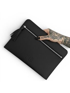 KVD Vegan Beauty Black Flat Faux Leather Zip Pouch Tassel Embossed Logo Clutch